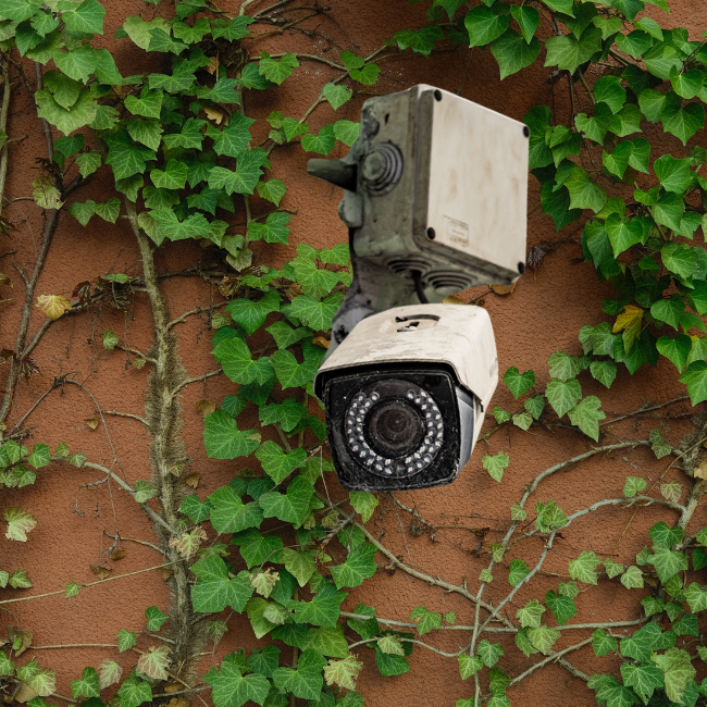 old camera on lush wall