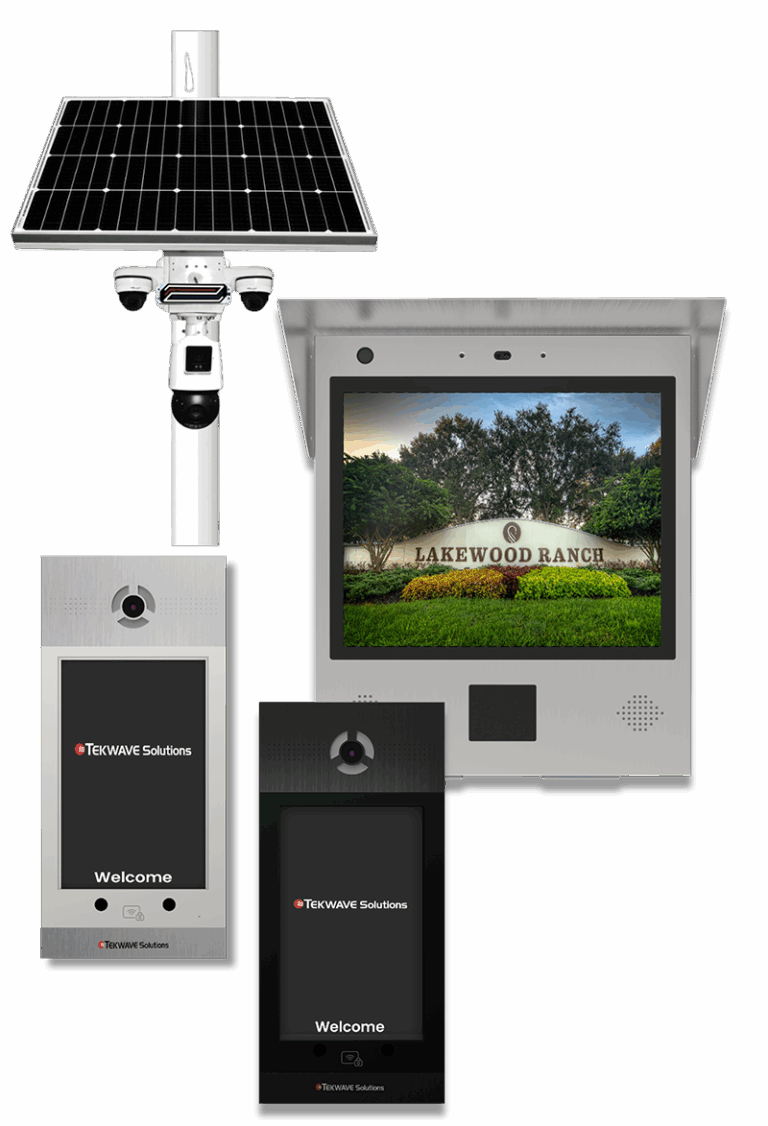 TEKWave Solutions Allbox Central Command — self-service visitor kiosk with solar panel, PTZ cameras, touchscreen entry terminals, and large community display screen for unmanned HOA gate access management