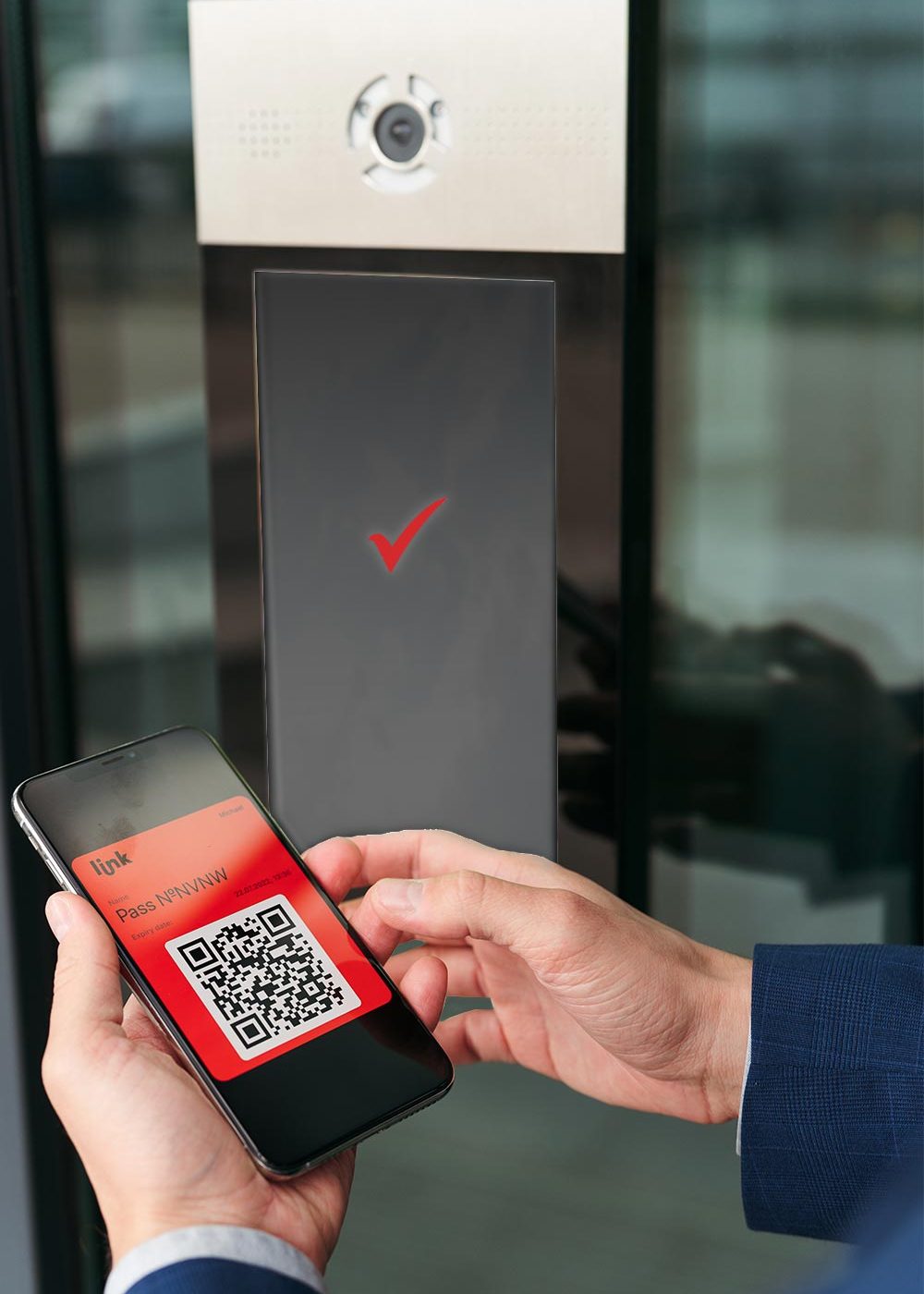 Person scanning QR code on TEKWave ALLBox self-service access kiosk with welcome screen.